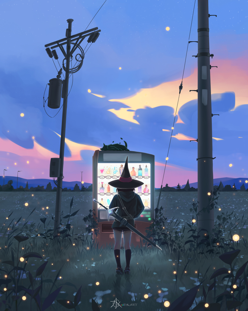 1girl absurdres aqua_hoodie artist_logo belt black_hair black_hat black_socks cat cloud cloudy_sky commentary facing_away familiar fantasy field flag gradient_sky grass gthlart hat hat_ribbon highres light_particles logo love_potion medium_hair original outdoors potion power_lines price_tag red_ribbon ribbon short_shorts shorts sky sleeping_animal socks solo sword sword_on_back tiptoes transformer tree two-handed_sword utility_pole vending_machine weapon weapon_on_back wide_shot witch witch_hat