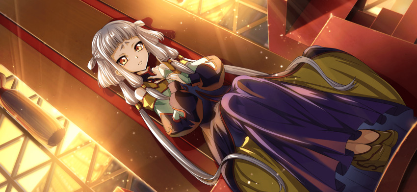 1girl artist_request bare_shoulders blunt_bangs chair child chinese_clothes closed_mouth code_geass code_geass:_lost_stories dress dutch_angle female_focus flat_chest full_body game_cg hair_tubes hands_up highres holding_own_wrist indoors legs_together light_particles long_hair long_sleeves looking_at_viewer m/ multicolored_dress nervous non-web_source official_art on_chair orange_eyes raised_eyebrows shoes sidelocks sitting solo sunlight sunset tassel throne tianzi two_side_up very_long_hair white_hair window yellow_shoes