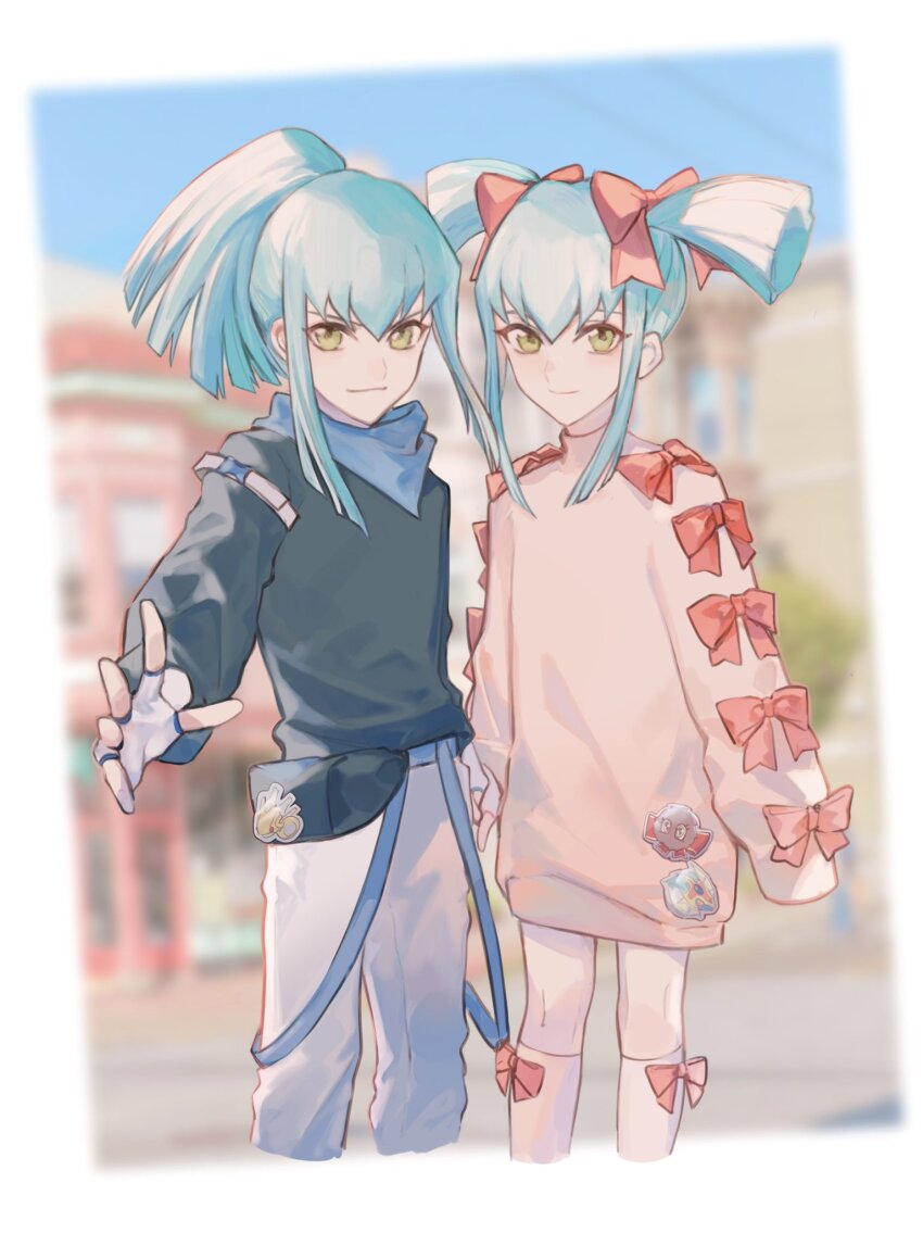 1boy 1girl alternate_costume ancient_fairy_dragon bandana bandana_around_neck belt black_shirt blue_bandana blue_belt blue_sky blurry blurry_background bow bow_legwear building commentary cropped_legs day fanny_pack fingerless_gloves gloves green_eyes green_hair hair_bow hand_on_own_hip high_ponytail highres kneehighs kuribon long_sleeves lua_(yu-gi-oh!) luca_(yu-gi-oh!) naoki_(2rzmcaizerails6) outdoors outstretched_arm oversized_clothes pants photo_background pink_sweater ponytail power_tool_dragon reaching reaching_towards_viewer red_bow shirt short_hair short_twintails siblings sidelocks sky smile socks standing sticker sweater tree twins twintails upper_body white_gloves white_pants white_socks yu-gi-oh! yu-gi-oh!_5d&#039;s