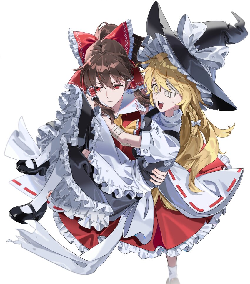 2girls absurdres apron ascot bandages bandaid black_hat black_shoes black_skirt black_vest blonde_hair bow braid brown_hair bruise carrying eyepatch frilled_hair_tubes frills hair_bow hair_tubes hakurei_reimu hat hat_bow highres injury kirisame_marisa long_hair maka_(maka04021) mary_janes medical_eyepatch multiple_girls pantyhose princess_carry red_bow red_eyes red_shirt red_skirt shirt shoes single_braid skirt socks torn_clothes touhou vest waist_apron white_apron white_pantyhose white_shirt white_socks wide_sleeves witch_hat yellow_ascot yellow_eyes