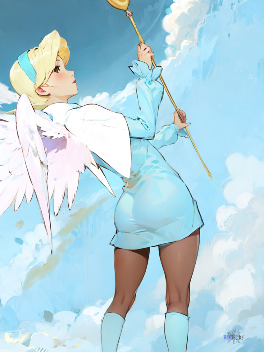 1girl artist_logo artist_name ass blonde_hair blue_dress blue_hairband blue_shoes blue_sky blumiu blush breath_of_fire breath_of_fire_iv brown_eyes capelet closed_mouth cloud cloudy_sky commentary dress embarrassed english_commentary feathered_wings from_behind from_side hairband highres holding holding_staff leaning_back logo looking_at_viewer nina_(breath_of_fire_iv) pantyhose puffy_sleeves shoes sky solo staff white_capelet wings