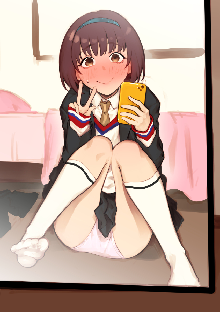 1girl bed black_jacket black_skirt blue_hairband blush brown_eyes brown_hair caligula_(series) caligula_2 cellphone collared_shirt hairband highres holding holding_phone jacket kneehighs mirror mirror_selfie necktie original panties phone pink_panties school_uniform selfie shirt skirt smartphone smile socks solo sweat tkhs underwear w white_socks