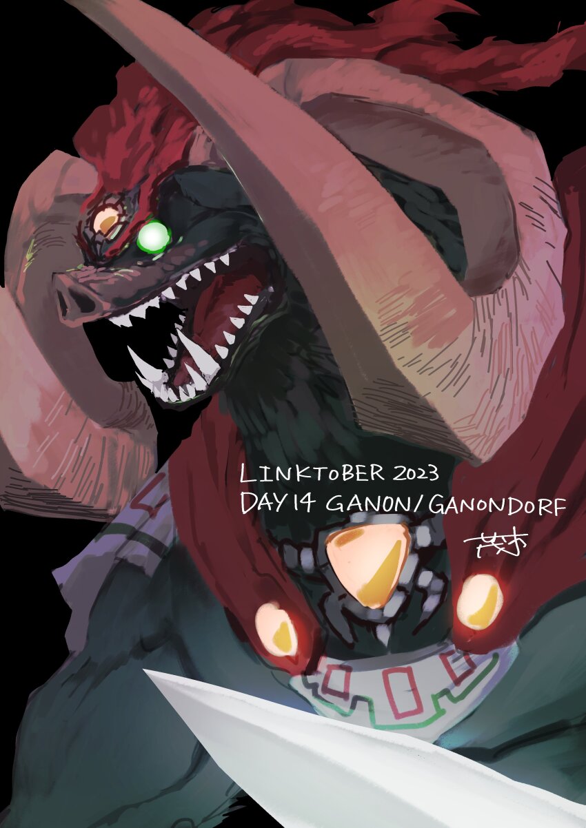 1boy cape fangs forehead_jewel ganon glowing glowing_eyes green_eyes holding holding_weapon horns long_hair monster nintendo open_mouth red_hair sharp_teeth shrub_mtg solo teeth the_legend_of_zelda the_legend_of_zelda:_ocarina_of_time upper_body weapon