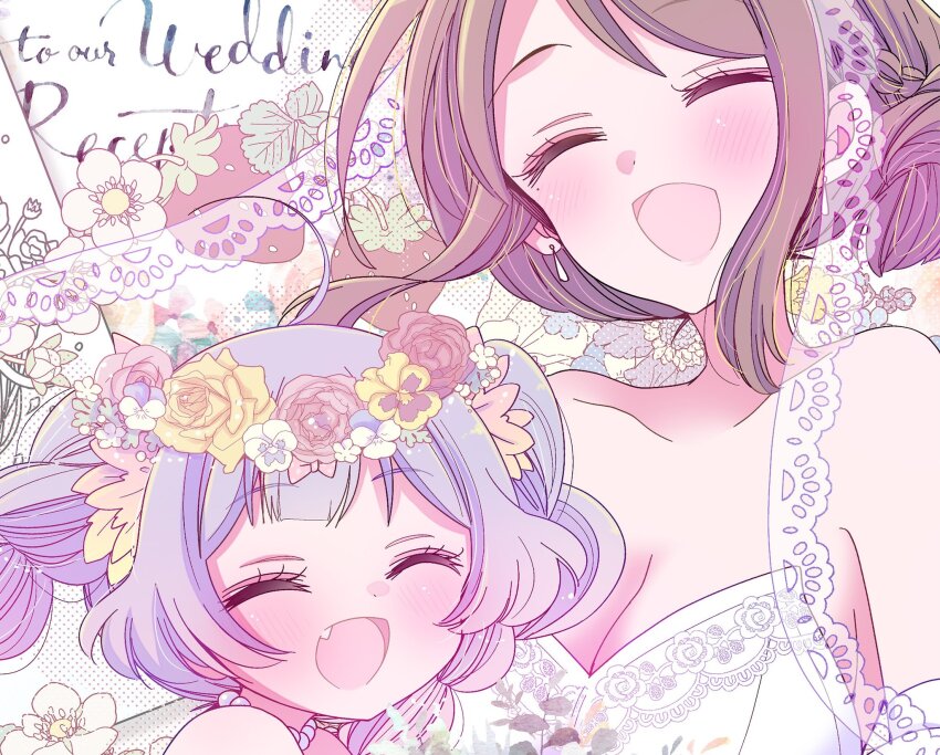 age_difference brown_hair child dress fang gloves highres jewelry necklace onee-loli onee-san_wa_joshi_shougakusei_ni_kyoumi_ga_arimasu pearl_necklace purple_hair suzuhara_coco wedding_dress white_gloves yamada_minori yuri yuzuki_ryouta