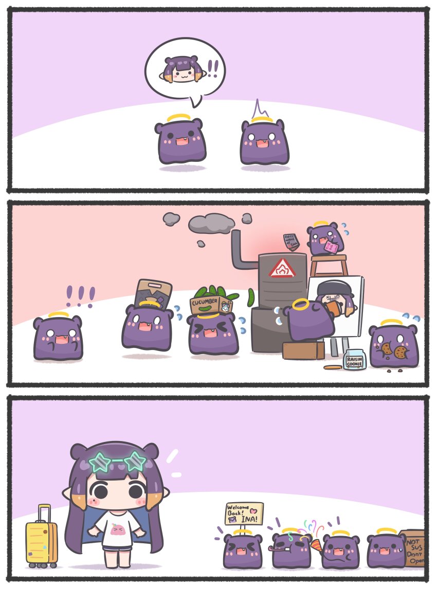 &gt;_&lt; 1girl 3girls :3 :d =_= absurdres beret chattino_(raora_panthera) cookie cucumber easel eating eyewear_on_head fang fifty_shades_of_grey food halo hat highres hololive hololive_english long_hair mole mole_under_eye mpien multicolored_hair multiple_girls ninomae_ina&#039;nis ninomae_ina&#039;nis_(casual) o_o open_mouth orange_hair party_horn party_popper pointy_ears purple_hair smile solid_circle_eyes spoken_character star-shaped_eyewear star_(symbol) suitcase sunglasses takodachi_(ninomae_ina&#039;nis) tentacle_hair tic-tac-toe virtual_youtuber xd