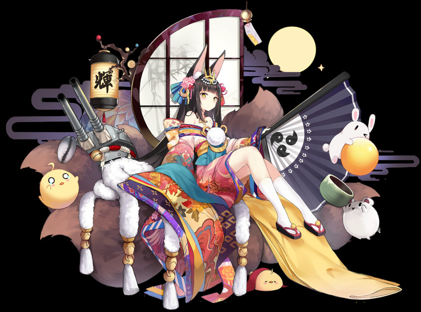 1girl alisa_(kuro_no_sakura) animal_ears azur_lane bare_shoulders black_hair crescent crescent_hair_ornament female_focus folding_fan fox_ears fox_tail hair_ornament hand_fan highres holding japanese_clothes kimono kneehighs long_hair looking_at_viewer machinery multiple_tails nagato_(azur_lane) nagato_(guardian_fox&#039;s_shining_furisode)_(azur_lane) off_shoulder official_alternate_costume official_art ship_turret sitting socks solo tail tiara transparent_background watermark weibo_watermark white_background white_socks yellow_eyes