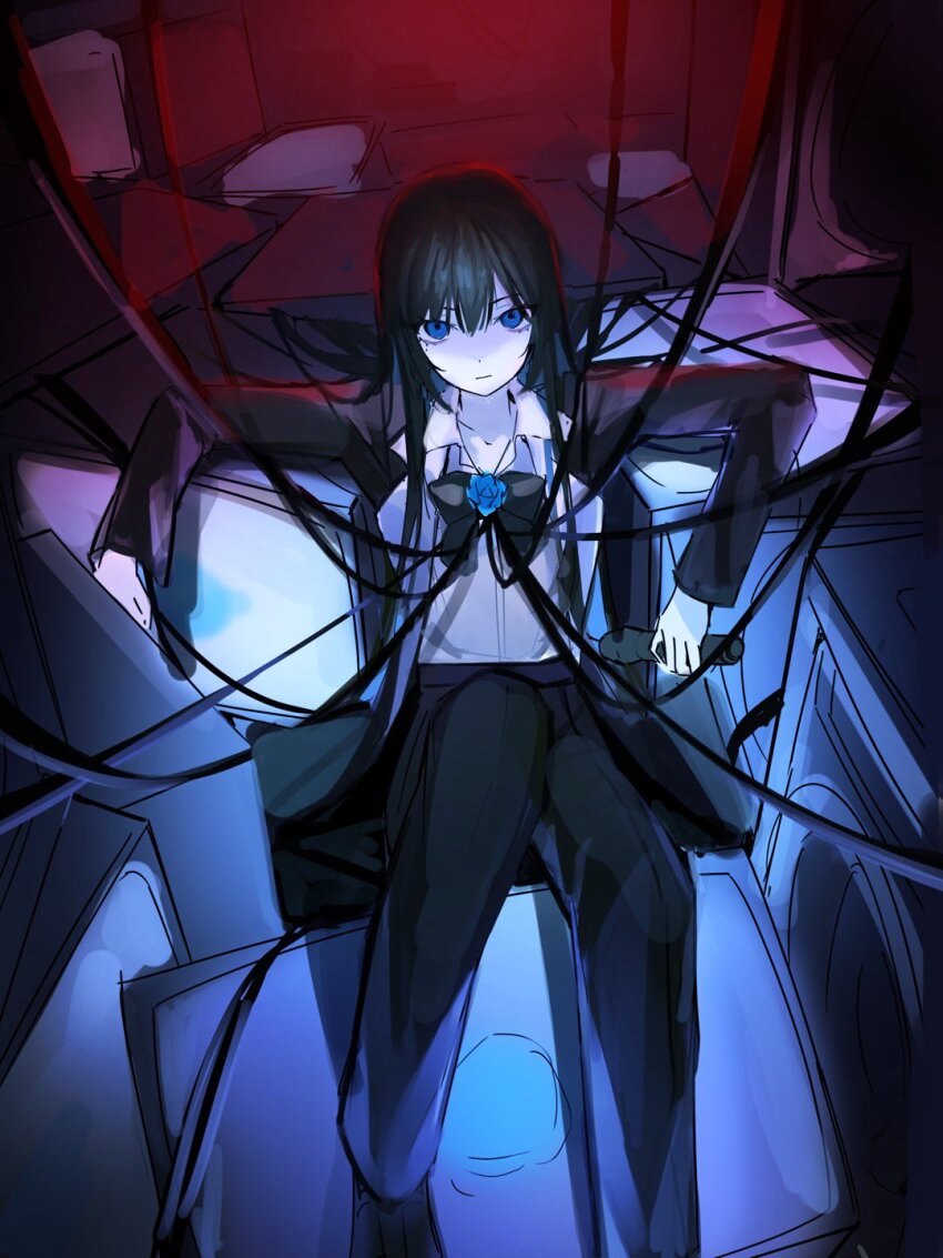 1girl ado_(utaite) black_bow black_bowtie black_coat black_hair black_pants blue_eyes blue_hair bow bowtie chando_(ado) closed_mouth coat collared_shirt colored_inner_hair commentary_request dress_shirt gloves highres holding holding_microphone korean_commentary long_hair long_sleeves looking_at_viewer microphone mole mole_under_eye multicolored_hair myao_(myaodayone) open_clothes open_coat pants shinzou_(ado) shirt solo utaite white_gloves white_shirt