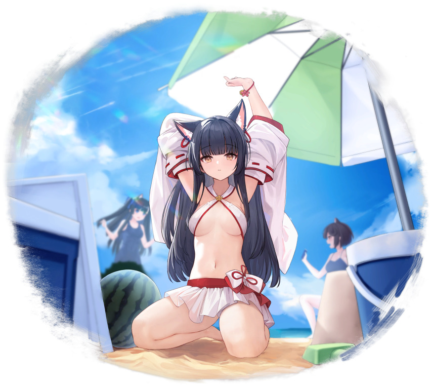 3girls allenes animal_ear_fluff animal_ears arms_up azur_lane beach beach_umbrella bikini bikini_skirt black_hair blue_sky blurry blurry_background breasts brown_eyes cloud cloudy_sky criss-cross_halter day earrings food fruit full_body halterneck hatsuharu_(azur_lane) highres jewelry kneeling long_hair medium_breasts multiple_girls navel official_art outdoors simple_background sky stomach swimsuit umbrella wakaba_(azur_lane) watermelon yuugure_(azur_lane) yuugure_(fun_in_the_sun)_(azur_lane)
