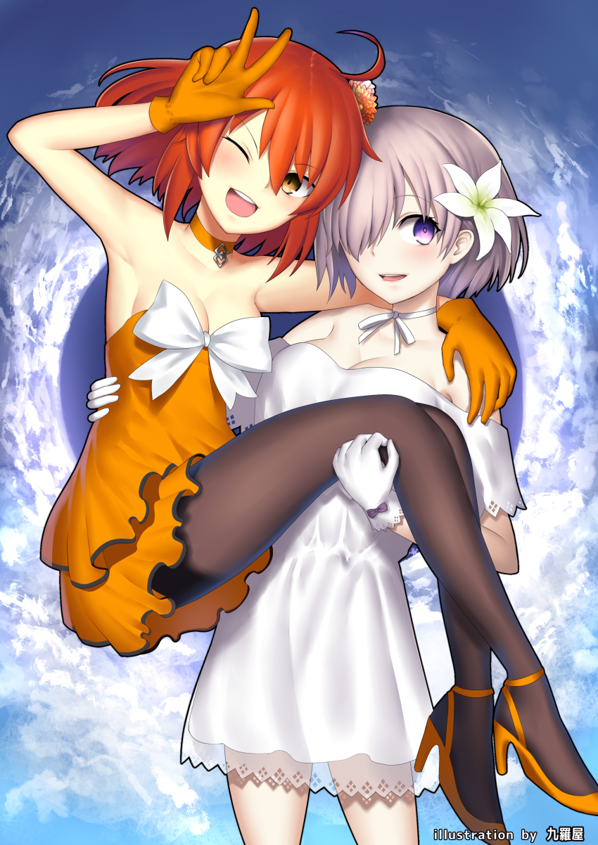 2girls absurdres ahoge armpits bare_shoulders blush breasts carrying choker cleavage dress fate/grand_order fate_(series) flower fujimaru_ritsuka_(female) fujimaru_ritsuka_(female)_(starlight_fest) gloves hair_between_eyes hair_flower hair_ornament hair_over_one_eye high_heels highres kuraka looking_at_viewer mash_kyrielight mash_kyrielight_(formal_dress) medium_breasts multiple_girls official_alternate_costume one_eye_closed orange_dress orange_eyes orange_hair pantyhose princess_carry purple_eyes purple_hair ribbon ribbon_choker short_hair smile type-moon v white_ribbon