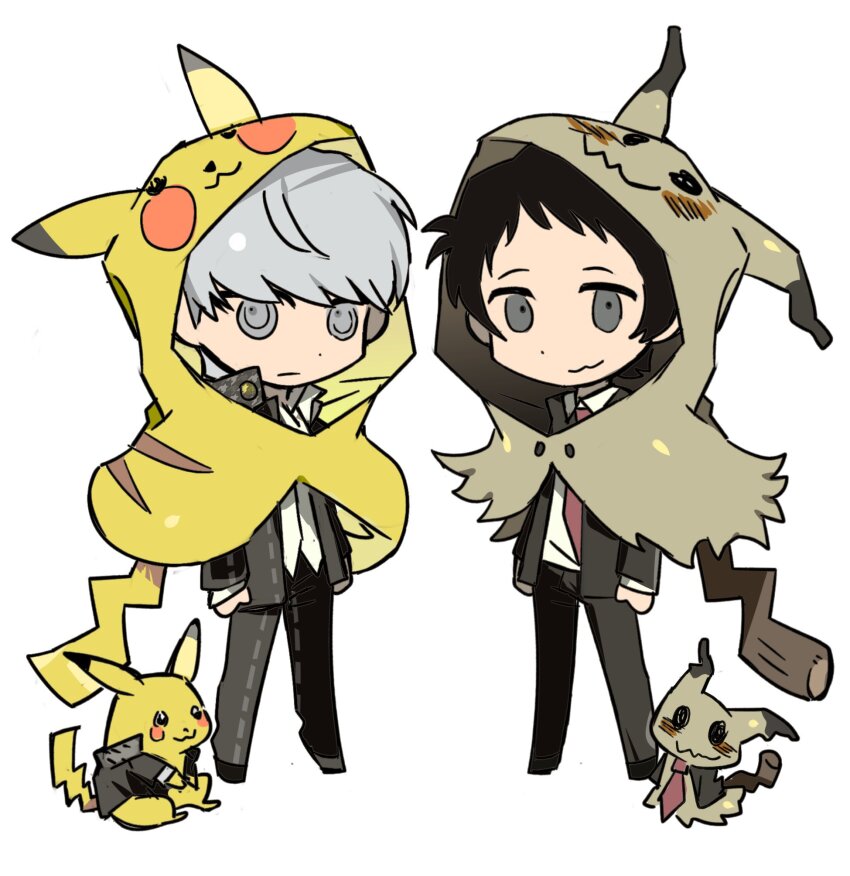 2boys adachi_tooru cosplay full_body gen_1_pokemon gen_7_pokemon grey_hair highres inol_lum male_focus mimikyu mimikyu_(cosplay) multiple_boys narukami_yu nintendo onesie persona persona_4 pikachu pikachu_(cosplay) pokemon pokemon_(creature) school_uniform yasogami_school_uniform