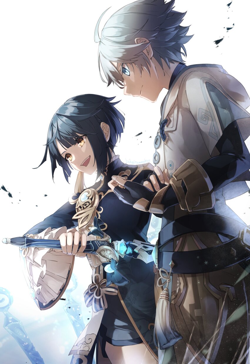 2boys :d absurdres ahoge artist_name asymmetrical_bangs belt black_belt black_gloves black_shorts blue_coat blue_eyes blue_gemstone blue_hair bracelet chinese_clothes chongyun_(genshin_impact) closed_mouth coat colored_eyelashes commentary_request cowboy_shot cropped_hoodie diagonal_bangs earrings elbow_gloves fingerless_gloves frilled_shirt_collar frilled_sleeves frills frown gem genshin_impact gloves hair_between_eyes hand_up highres holding holding_sword holding_weapon hood hood_down hoodie itsumono_katze jewelry long_sleeves looking_ahead male_focus multiple_boys open_mouth profile sacrificial_sword_(genshin_impact) serious short_hair short_shorts short_sleeves shorts signature simple_background single_earring smile snowflakes standing sword tassel tassel_earrings teeth upper_teeth_only v-shaped_eyebrows vision_(genshin_impact) water_drop weapon white_background white_hoodie wide_sleeves xingqiu_(genshin_impact) yellow_eyes