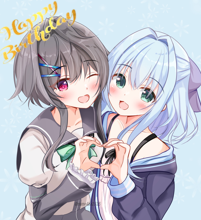 2girls 9-nine- :d artist_name black_hair blue_hair blush bow breasts cardigan cheek-to-cheek collarbone english_text eyebrows_hidden_by_hair green_eyes hair_bow hair_intakes hair_ornament hairpin hamidashi_creative hand_up happy happy_birthday heads_together heart heart_hands highres interlocked_fingers jacket long_hair long_sleeves mame4ba2525 multiple_girls nishiki_asumi off_shoulder one_eye_closed open_clothes open_jacket open_mouth puffy_long_sleeves puffy_sleeves red_eyes sailor_collar school_uniform serafuku shirt short_hair sidelocks sleeveless sleeveless_shirt small_breasts smile upper_body yuuki_noa