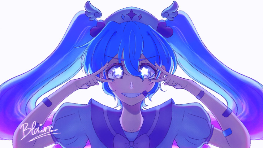 1girl aqua_hair blrryanii blue_hair double_inward_v double_v hair_between_eyes hatsune_miku highres inward_v long_hair looking_at_viewer m@gical_cure!_love_shot!_(vocaloid) meme miku_miku_beaaaam!!_(meme) multicolored_hair pink_hair pink_sailor_collar sailor_collar shirt solo star-shaped_pupils star_(symbol) symbol-shaped_pupils twintails two-tone_hair v v_over_eye vocaloid