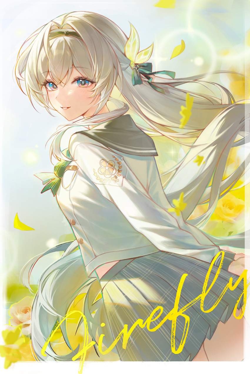 1girl absurdres black_hairband black_ribbon blush bow bowtie buttons collared_shirt commentary double-breasted falling_petals firefly_(honkai:_star_rail) firefly_(spring_missive)_(honkai:_star_rail) flower from_behind gradient_eyes green_bow green_bowtie green_pupils grey_hair grey_sailor_collar grey_shirt grey_skirt hair_between_eyes hair_intakes hair_ornament hair_ribbon hairband highres honkai:_star_rail honkai_(series) long_hair looking_back multicolored_eyes open_mouth petals plaid_bow plaid_bowtie plaid_clothes pleated_skirt ribbon sailor_collar shirt skirt smile sohan_(sohan_416) solo teeth two-tone_eyes white_shirt yellow_flower