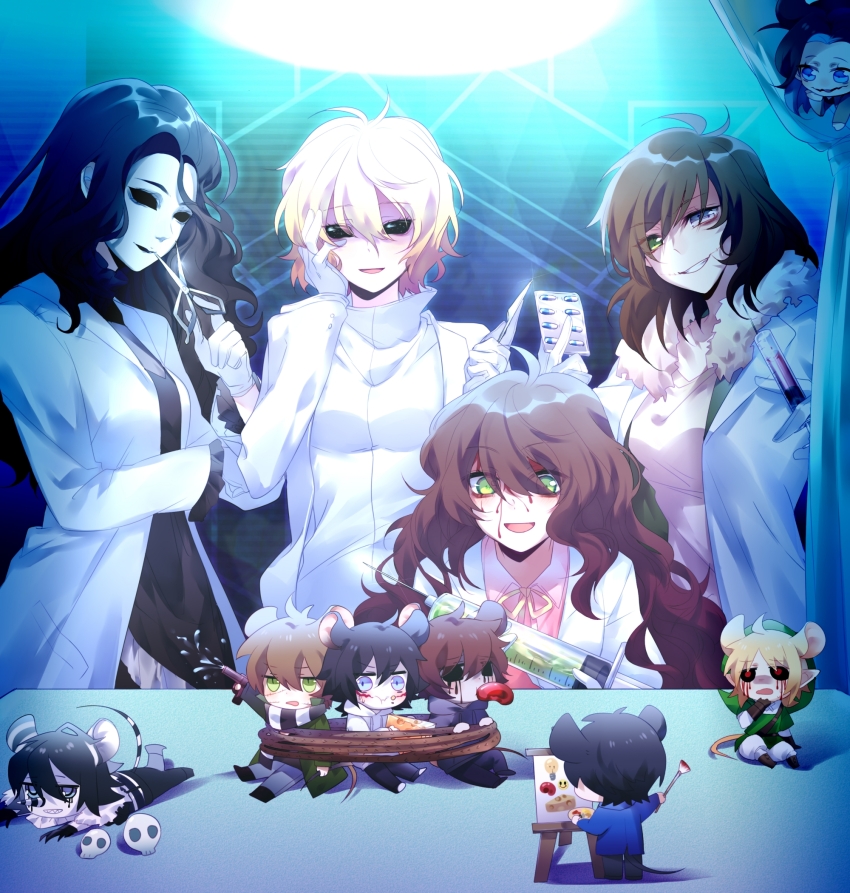 4girls 6+boys 779762391_(lofter) :d ahoge animal_ears antenna_hair arm_under_breasts bags_under_eyes ben_drowned black_dress black_hair black_lips black_pants black_scarf black_sclera blonde_hair blood blood_from_forehead bloody_painter bloody_tears blue_eyes bound breasts brothers brown_hair canvas_(object) character_request cheese chinese_commentary clockwork_(creepypasta) closed_mouth coat collared_shirt colored_sclera commentary_request creepypasta curtains drawstring dress eyeless_jack eyes_visible_through_hair food frilled_dress frilled_sleeves frills green_eyes grey_hoodie grin gun hair_between_eyes hand_on_own_cheek hand_on_own_face hand_up heterochromia highres holding holding_food holding_gun holding_paint_palette holding_paintbrush holding_pill holding_scalpel holding_scissors holding_syringe holding_weapon hollow_eyes homicidal_liu hood hood_down hoodie indoors jane_the_killer jeff_the_killer judge_angels_(creepypasta) kemonomimi_mode lab_coat large_syringe laughing_jack link long_hair long_sleeves looking_at_another looking_at_viewer medium_breasts medium_hair mini_person miniboy mouse_boy mouse_ears mouse_tail multiple_boys multiple_girls neck_ribbon nintendo open_clothes open_coat open_mouth oversized_object paint_palette paintbrush pants pink_shirt pointy_ears pointy_nose red_eyes ribbon sally_williams scarf scissors shirt short_hair siblings skull small_breasts smile striped_clothes striped_scarf sweater syringe table tail the_legend_of_zelda tied_up_(nonsexual) turtleneck turtleneck_sweater two-tone_scarf very_long_hair wavy_hair weapon white_coat white_eyes white_hoodie white_scarf white_shirt white_sweater yellow_ribbon