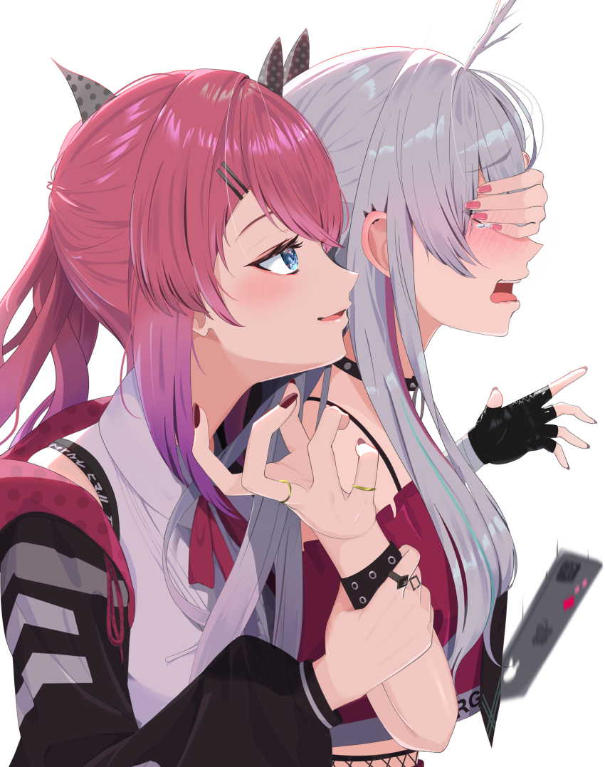 2girls absurdres ahoge black_gloves black_hoodie blue_eyes blush cellphone covering_another&#039;s_eyes ear_piercing fingerless_gloves fingernails gloves hair_ribbon highres holding_another&#039;s_wrist hood hoodie ishigami_nozomi ishigami_nozomi_(1st_costume) kuramochi_meruto kuramochi_meruto_(1st_costume) long_hair long_sleeves multicolored_hair multiple_girls nail_polish neck_ribbon nijisanji nmhdtnr1 open_mouth phone piercing pink_hair pink_hoodie pink_nails pink_ribbon pink_shirt ribbon shirt sleeveless sleeveless_shirt smartphone smile spiked_ear_piercing streaked_hair tearing_up teeth tongue tongue_out two-tone_hair two-tone_hoodie upper_teeth_only virtual_youtuber white_shirt yuri