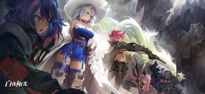 5girls agoto alchemy_stars apron azure_(alchemy_stars) barbara_(alchemy_stars) bare_shoulders belt black_coat black_gloves black_jacket black_pants blue_eyes blue_hair bow breasts brown_gloves circular_saw cleavage clenched_teeth coat collarbone copyright_name covered_navel cuffs dress garter_belt gloves goggles grey_hair guitar gun hair_rings handgun hat highres holster instrument jacket jona_(alchemy_stars) large_breasts long_hair maid_headdress mechanical_arms multicolored_hair multiple_girls off_shoulder official_art open_mouth pants pink_hair pistol pouch red_eyes regina_(alchemy_stars) saw shackles sleeveless sleeveless_dress standing tail tail_bow tail_ornament teeth thighhighs two-tone_hair very_long_hair waist_apron weapon white_headwear zeta_(alchemy_stars)