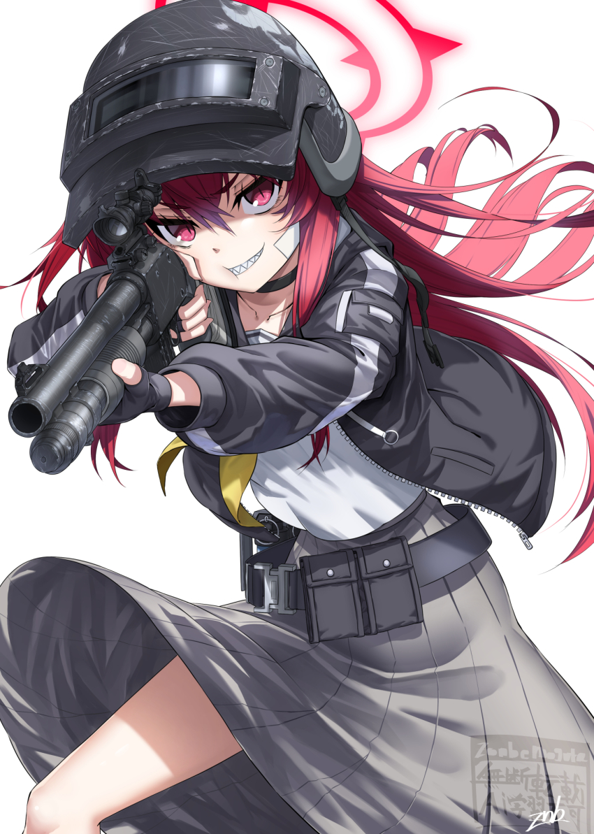 1girl aiming altyn_helmet belt belt_pouch black_belt black_choker black_gloves black_helmet black_jacket blue_archive cheek_press choker combat_helmet commentary_request fingerless_gloves gauze gauze_on_cheek gloves grey_skirt grin gun hair_between_eyes halo helmet highres holding holding_gun holding_weapon jacket long_hair looking_at_viewer mossberg_590 neckerchief open_clothes open_jacket pleated_skirt pouch pump_action rabu_(blue_archive) red_eyes red_hair red_halo sharp_teeth shirt shirt_tucked_in shotgun signature simple_background skirt slit_pupils smile solo teeth unzipped weapon white_background white_shirt yellow_neckerchief zipper zombie_mogura
