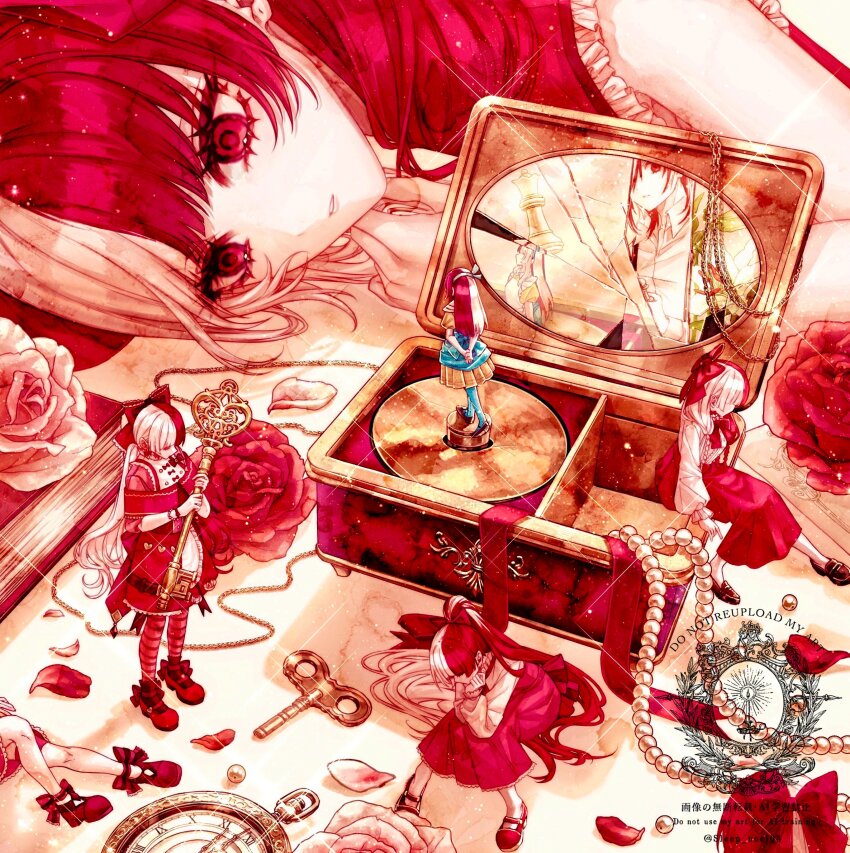 1girl absurdres book bow broken_mirror flower highres holding holding_key jewelry key lying mirror multicolored_hair music_box necklace on_side original pearl_necklace petals pink_flower pink_rose pocket_watch red_bow red_hair red_ribbon ribbon rose sitting sleep_noel03 tagme two-tone_hair watch watermark