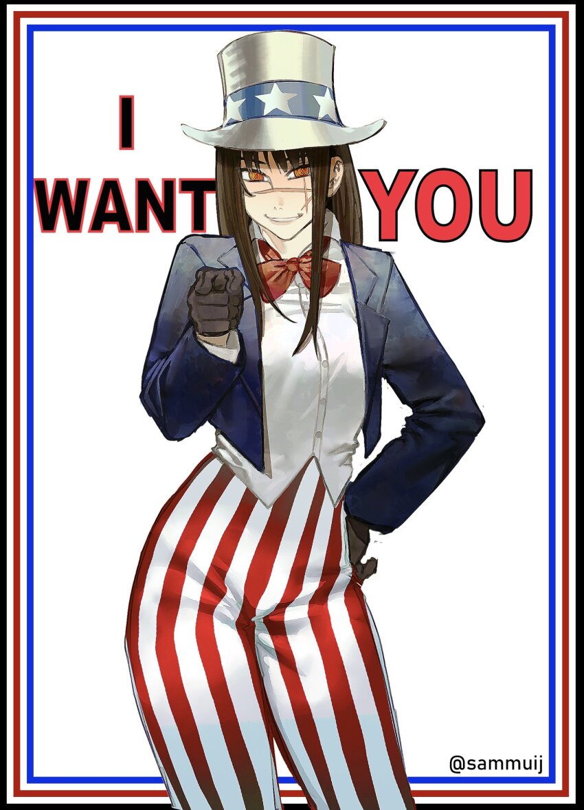 1girl black_gloves black_jacket bow bowtie brown_hair chainsaw_man commentary cosplay facial_scar gloves hat highres i_want_you jacket long_hair pants pointing pointing_at_viewer red_bow red_bowtie red_pants ringed_eyes sammuij scar scar_on_cheek scar_on_face scar_on_nose shirt solo star_(symbol) star_print striped_clothes striped_pants symbol-only_commentary top_hat twitter_username two-tone_pants uncle_sam uncle_sam_(cosplay) uncle_sam_tophat white_hat white_pants white_shirt yellow_eyes yoru_(chainsaw_man)