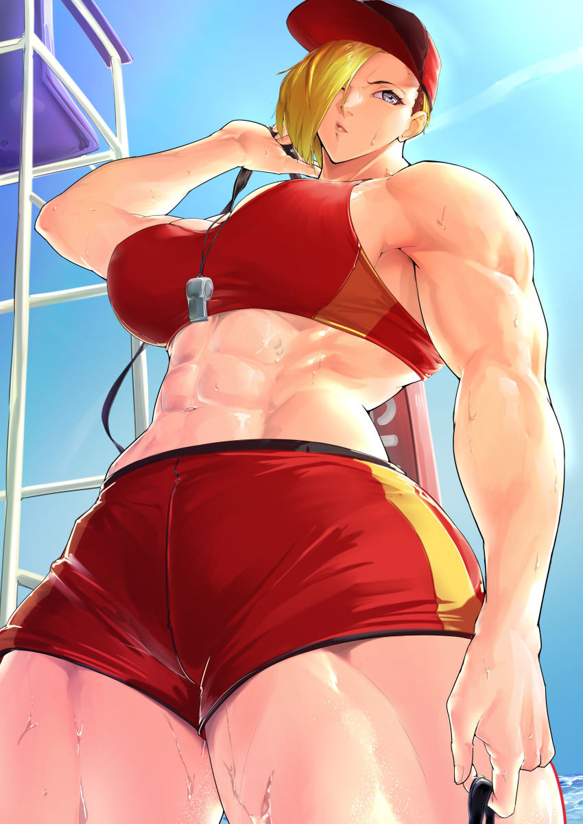 1girl abs absurdres asymmetrical_bangs baseball_cap beach blonde_hair blue_eyes breasts chair cropped_legs hair_over_one_eye hat highres kureshi_(hannzi) lifeguard lifeguard_chair muscular muscular_female original outdoors red_shorts short_shorts shorts solo sports_bra standing sweat thick_thighs thighs whistle whistle_around_neck