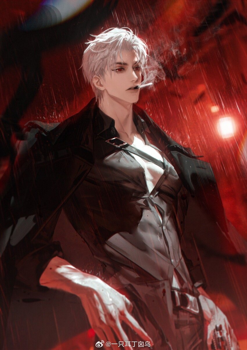 1boy black_coat black_pants black_shirt cigarette coat collarbone cowboy_shot harness highres lips looking_afar love_and_deepspace male_focus pants parted_bangs parted_lips partially_unbuttoned pectorals rain red_eyes shirt short_hair sleeve_rolled_up smoke smoking solo standing sylus_(love_and_deepspace) watermark weibo_watermark white_hair yi_zhi_er_ding_xin_wu