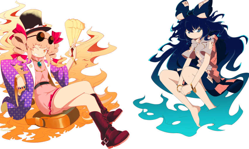 2girls absurdres antinomy_of_common_flowers barefoot blue_bow blue_eyes blue_hair blue_skirt boots bow bracelet coat dress drill_hair earrings eyewear_on_head funennogomi grey_hoodie hair_between_eyes hair_bow hand_fan hat highres holding holding_fan hood hoodie jewelry long_hair looking_at_viewer multiple_girls necklace one_eye_closed red_eyes ribbon ring short_sleeves siblings sisters sitting skirt smile sunglasses top_hat touhou twin_drills very_long_hair yorigami_jo&#039;on yorigami_shion