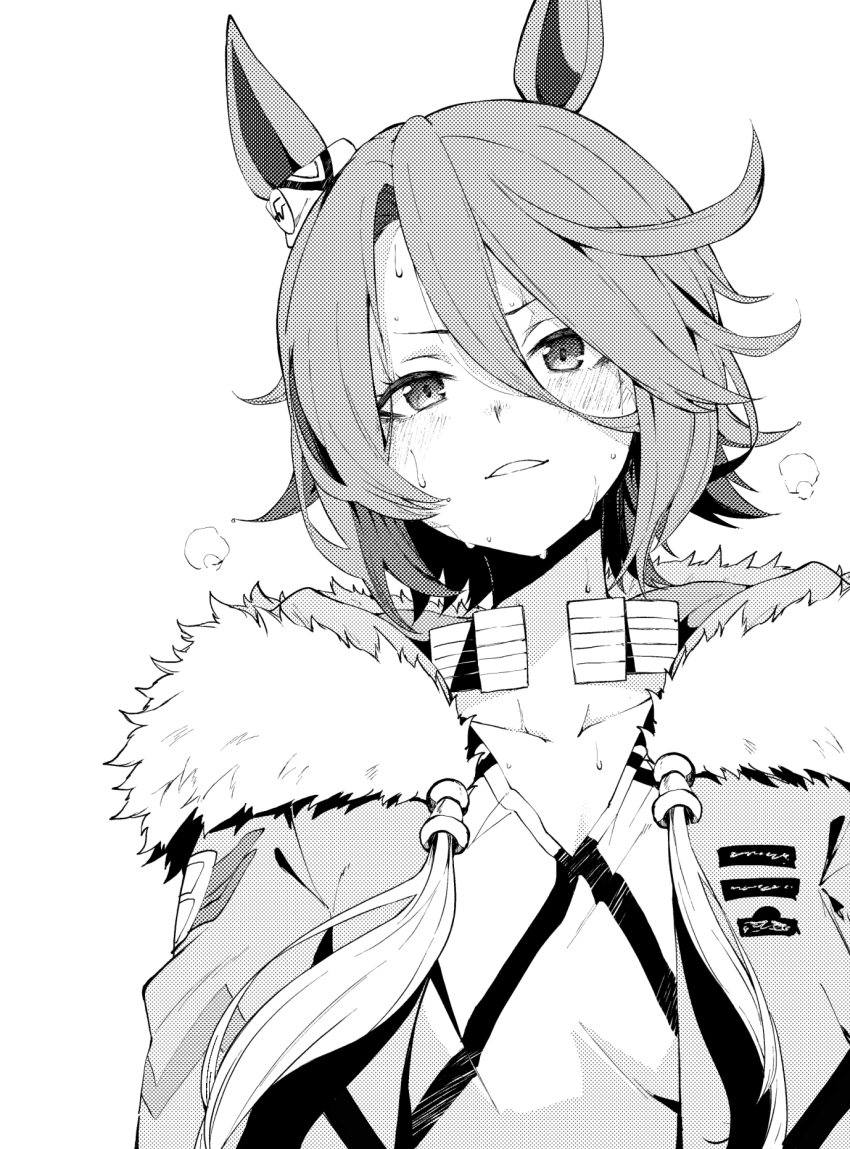 1girl animal_ears fur-trimmed_jacket fur_trim greyscale heavy_breathing highres horse_ears jacket monochrome narita_taishin_(umamusume) short_hair solo sweat tsukamoto_minori umamusume white_background