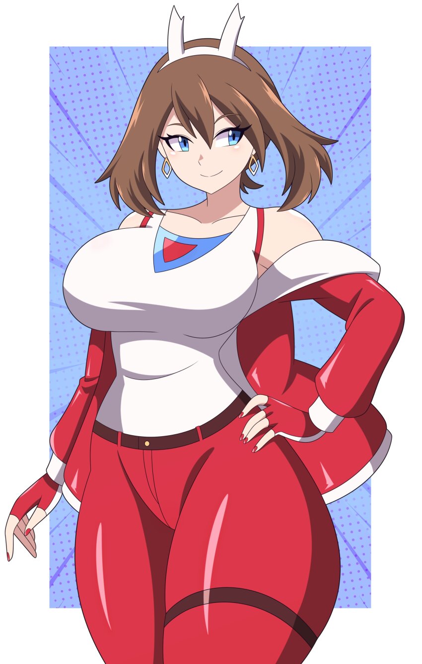 1girl absurdres abysswatchers animal_ear_hairband animal_ears belt blue_eyes breasts brown_hair cosplay earrings fake_animal_ears gen_3_pokemon gloves hairband highres jacket jewelry large_breasts latias latias_(cosplay) legendary_pokemon may_(pokemon) nintendo pants pokemon red_gloves red_jacket red_nails red_pants short_hair smile tank_top white_hairband white_tank_top