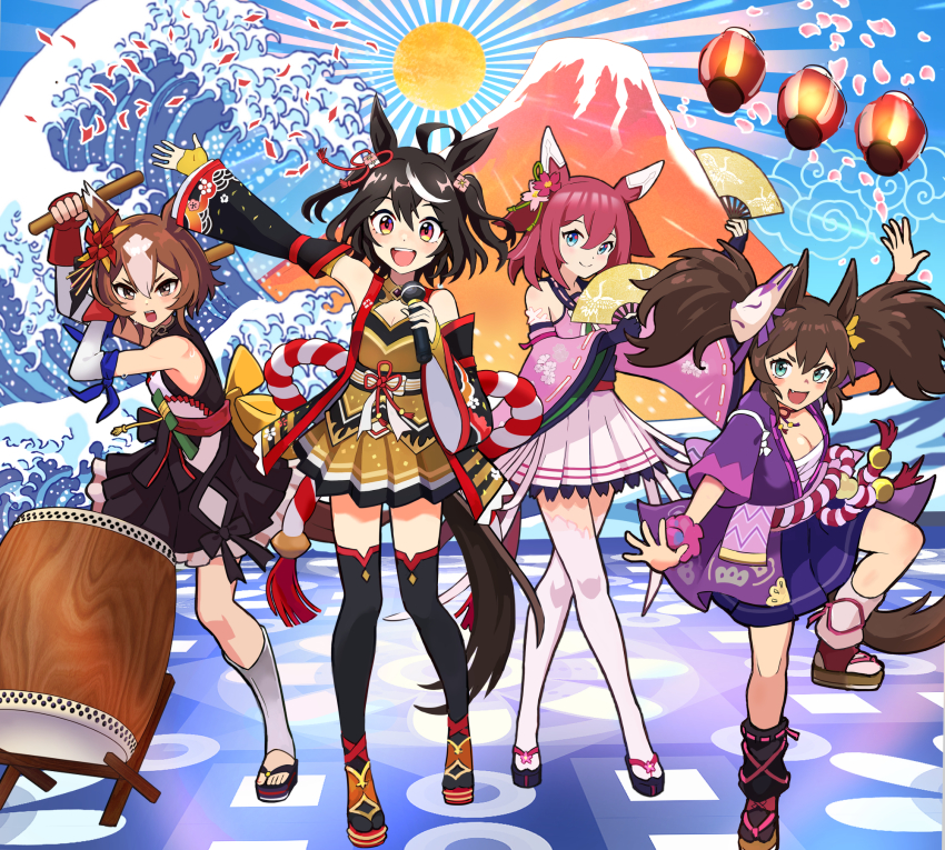 4girls ahoge animal_ears black_thighhighs blue_eyes blush breasts brown_hair character_request chest_sarashi cleavage fang green_eyes highres holding holding_microphone horse_ears horse_girl horse_tail inari_one_(umamusume) kitasan_black_(umamusume) large_breasts looking_at_viewer microphone multicolored_hair multiple_girls okken okobo open_mouth pink_hair platform_sandals sakura_chiyono_o_(umamusume) sandals sarashi short_hair short_twintails smile tail teeth thighhighs trait_connection twintails umamusume upper_teeth_only white_hair white_thighhighs yaeno_muteki_(umamusume)