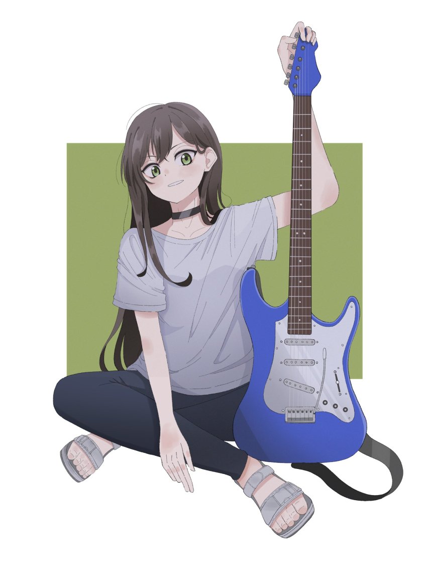 1girl bad_id bad_pixiv_id bang_dream! black_choker black_pants blush brown_hair choker electric_guitar full_body green_eyes grey_shirt guitar hanazono_tae highres holding holding_instrument instrument long_hair pants sandals shirt sitting solo sports_sandals white_sandals yasou0049