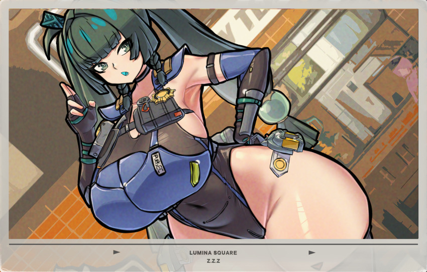 1girl absurdres alternate_costume android armor armpits bare_shoulders battery black_choker black_gloves black_one-piece_swimsuit black_thighhighs blunt_bangs braid breastplate breasts choker collarbone competition_swimsuit covered_navel curvy dutch_angle elbow_gloves fingerless_gloves gloves green_eyes green_hair hair_ornament hair_ribbon hand_on_own_hip hand_up highres huge_breasts long_hair mold_(pixiv6616319) one-piece_swimsuit open_mouth outdoors police police_badge police_uniform policewoman pouch qingyi_(zenless_zone_zero) ribbon solo sphere_hair_ornament swimsuit thick_thighs thighhighs thighs twin_braids twintails unconventional_police_uniform wide_hips zenless_zone_zero
