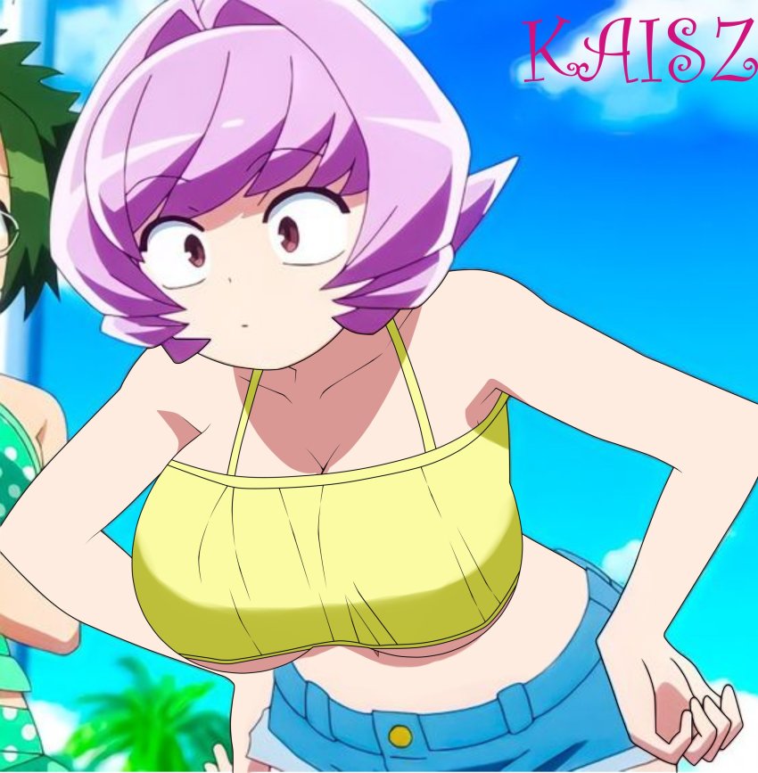 2girls absurdres agari_himiko artist_name bare_shoulders beach bikini breasts collarbone denim denim_shorts genderswap genderswap_(otf) green_bikini grey_eyes hand_on_own_hip hanging_breasts highres kaisz komi-san_wa_komyushou_desu large_breasts multiple_girls navel osana_najimi_(komi-san_wa_komyushou_desu) pink_hair screencap short_shorts shorts stomach swimsuit third-party_edit yellow_bikini