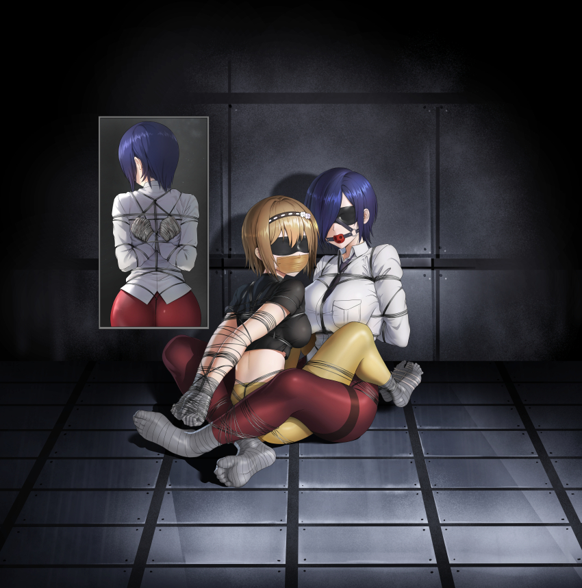 2girls absurdres arms_behind_back ball_gag black_shirt blindfold blonde_hair blue_hair breasts crop_top fueguchi_hinami gag gag_harness gagged highres improvised_gag kirishima_touka large_breasts medium_breasts multiple_girls pants red_pants restrained shibari shirt short_hair sitting tape tape_gag tokyo_ghoul white_shirt wiffle_gag yellow_pants yukumo_no_ki