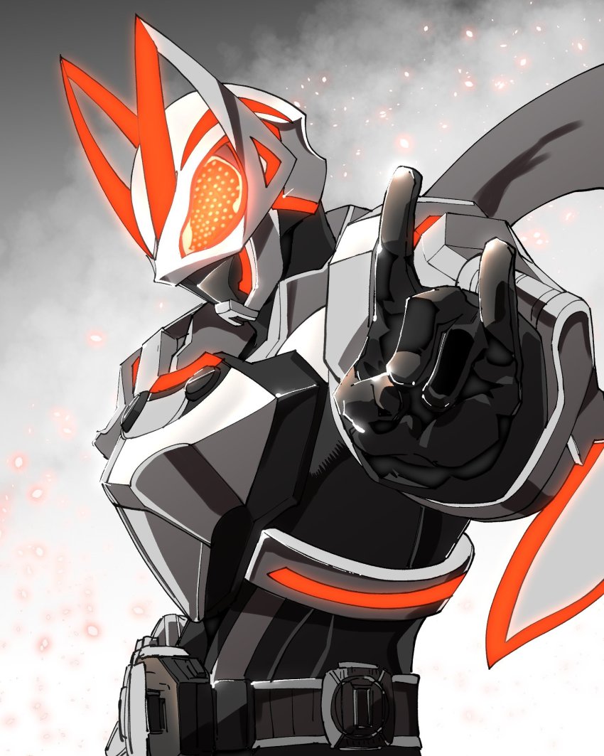 1boy amakawa_mayu armor black_bodysuit bodysuit breastplate compound_eyes desire_driver fox fox_mask fox_shadow_puppet fox_tail glowing glowing_eye hand_gesture highres kamen_rider kamen_rider_geats kamen_rider_geats_(series) kitsune mask orange_eyes profile scarf shoulder_armor tail white_armor white_scarf