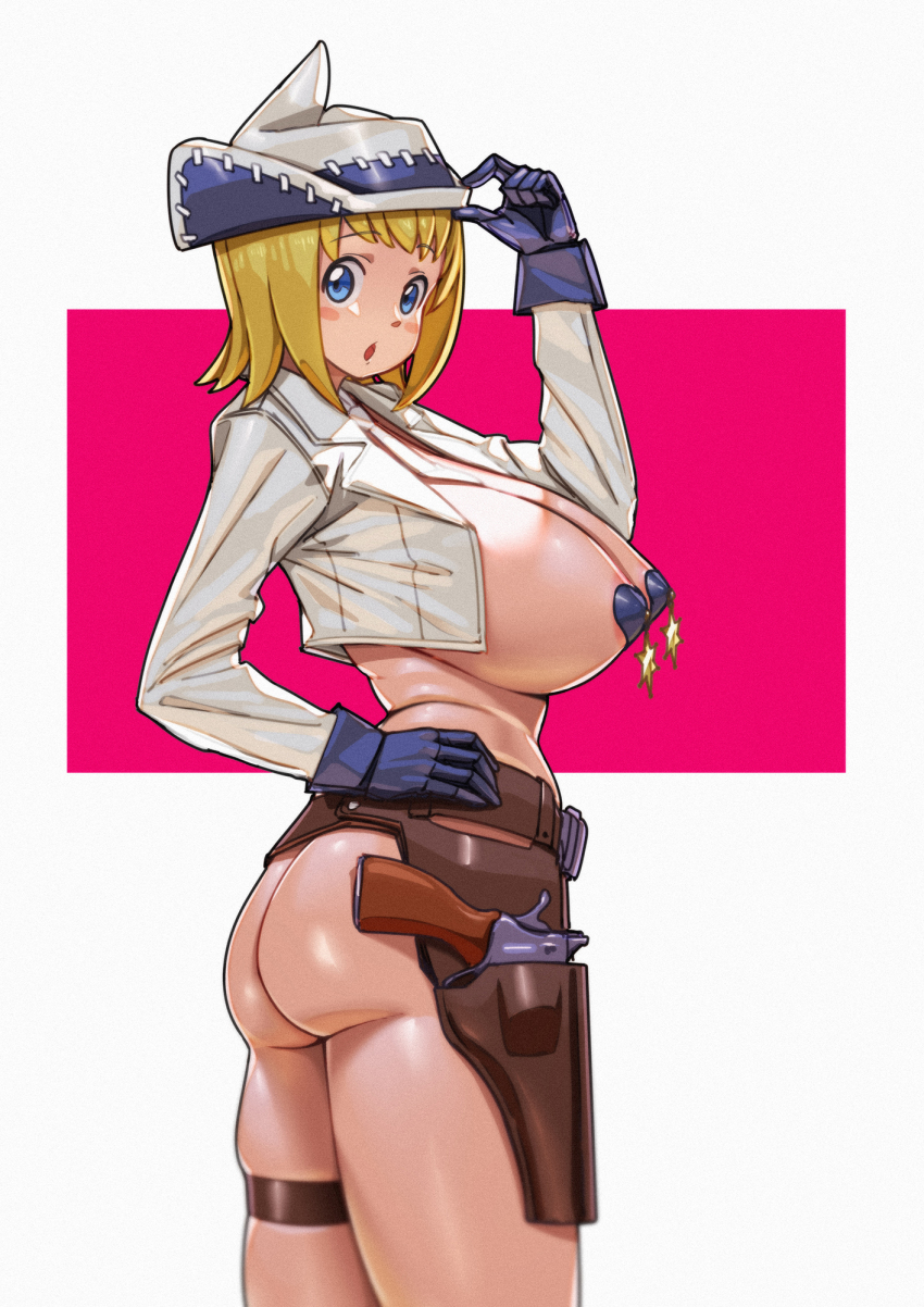 1girl alternate_breast_size ass blonde_hair blue_eyes bottomless breasts covered_erect_nipples cowboy_shot cowgirl_(western) gloves gun handgun hat highres holster holstered huge_breasts jacket looking_at_viewer no_bra patricia_thompson qingmingtongzi revolver short_hair simple_background soul_eater thigh_strap thighs weapon white_jacket