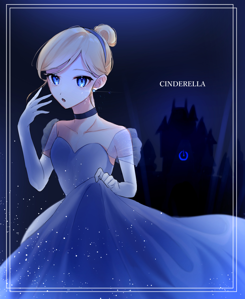 1girl absurdres blonde_hair blue_dress blue_eyes choker cinderella_(disney_character) cinderella_(disney_movie) disney dress earrings elbow_gloves gloves gown hair_bun hairband hatsu_shiki highres jewelry looking_at_viewer princess princess_dress short_hair solo
