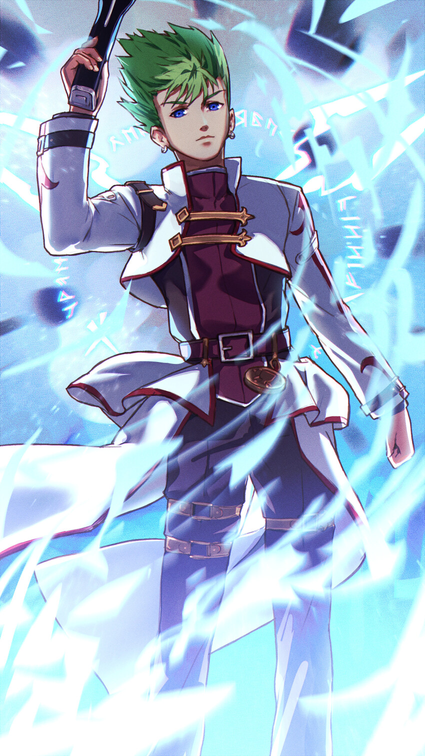 1boy absurdres blue_eyes bow_(weapon) cropped_jacket crossbow earrings eiyuu_densetsu floating_clothes floating_hair green_hair highres holding holding_crossbow holding_weapon jewelry kevin_graham madou_zakura male_focus solo sora_no_kiseki spiked_hair weapon