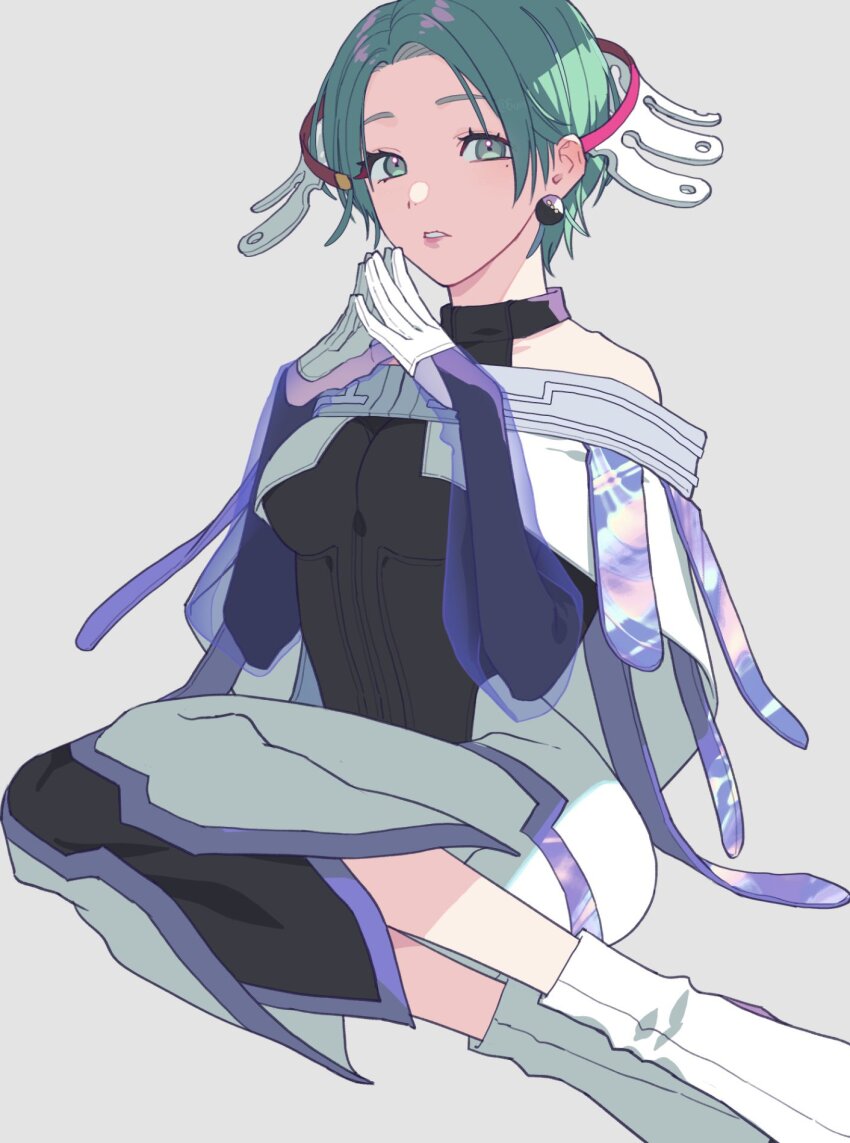 1girl bare_shoulders dress earrings gloves gnosia green_eyes green_hair gum_(gmng) highres jewelry lipstick looking_at_viewer makeup short_hair sleeveless sleeveless_dress solo stella_(gnosia) white_footwear