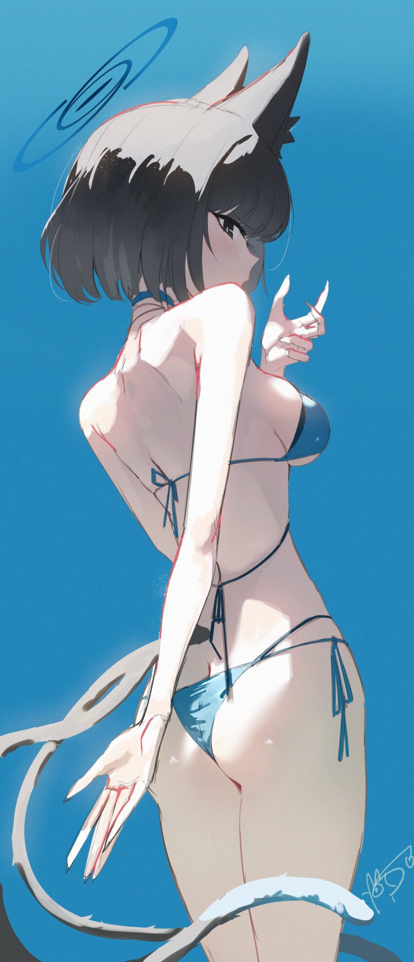 1girl absurdres animal_ears arm_behind_back ass bakeneko bikini black_hair black_tail blue_archive blue_background blue_bikini blue_tail cat_ears cat_girl cat_tail dan_nako from_behind highres kikyou_(swimsuit)_(blue_archive) layered_bikini looking_at_viewer multi-strapped_bikini_bottom multiple_tails official_alternate_costume short_hair side-tie_bikini_bottom solo string_bikini swimsuit tail two_tails