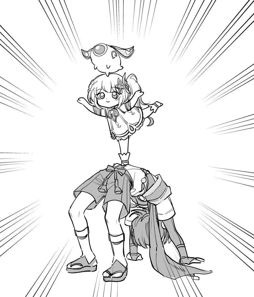 1boy 1girl absurdres arms_up body_bridge boots braid closed_mouth detached_sleeves dress genshin_impact greyscale hakama hakama_shorts highres japanese_clothes leg_up long_hair monochrome nahida_(genshin_impact) neo_akasha_terminal pillosopi sandals scaramouche_(genshin_impact) short_sleeves shorts side_ponytail smile socks standing standing_on_one_leg standing_on_person wanderer_(genshin_impact)