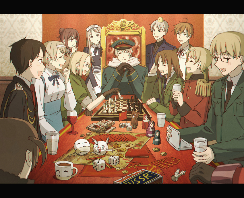 alcohol axis_powers_hetalia banknote belarus_(hetalia) bird black_hair blonde_hair board_game bulgaria_(hetalia) card chess communist_flag czech_republic_(hetalia) dice estonia_(hetalia) glasses gloves highres knife latvia_(hetalia) lithuania_(hetalia) matryoshka_doll military military_dress_uniform military_uniform money necktie personification playing_card poland_(hetalia) prussia_(hetalia) russia_(hetalia) slovakia_(hetalia) throne ukraine_(hetalia) wine ymgr64