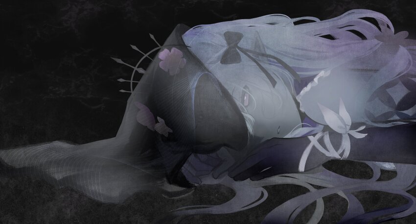 1girl absurdres bare_shoulders bdsm bondage bound bow bug butterfly castorice_(honkai:_star_rail) crown dark_background flower hair_flower hair_ornament highres honkai:_star_rail honkai_(series) insect long_hair lying on_stomach poursuu purple_hands veil white_bow white_hair