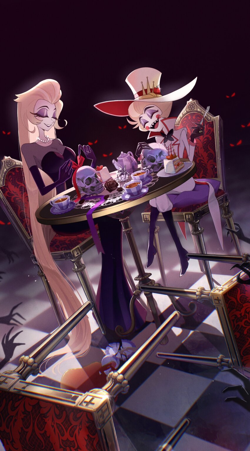 1boy 1girl absurdres blonde_hair blush_stickers commentary couple cup demon_boy demon_girl english_commentary hair_slicked_back hazbin_hotel hetero highres husband_and_wife lilith_(hazbin_hotel) long_hair lucifer_morningstar_(hazbin_hotel) sitting skull srs_o_o teacup very_long_hair