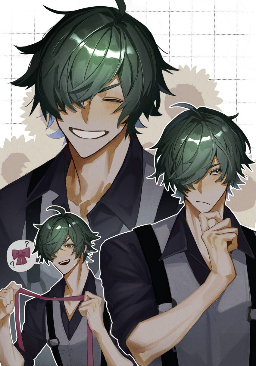 1boy ? absurdres aged_down bf2xuec6ow98466 black_overalls black_shirt blush checkered_background closed_eyes closed_mouth collarbone flower green_eyes green_hair grey_jacket grin hair_over_one_eye hand_on_own_chin highres jacket lighter_(zenless_zone_zero) male_focus multiple_views open_mouth overalls pink_ribbon red_pupils ribbon shirt short_hair sleeves_rolled_up smile solo spoken_question_mark sunflower sweat white_background zenless_zone_zero