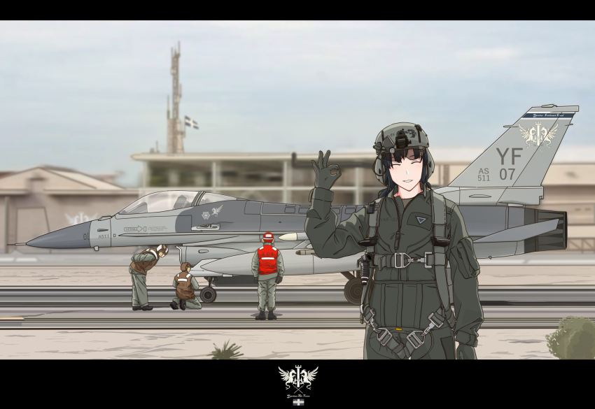 1girl 2661789381 3others aircraft airplane black_hair centerline_fuel_tank closed_eyes desert f-16_fighting_falcon fighter_jet flight_suit g-suit hand_up helmet high-visibility_clothing high-visibility_vest highres landing_gear letterboxed military_base military_vehicle multiple_others ok_sign original runway sand smile solo_focus