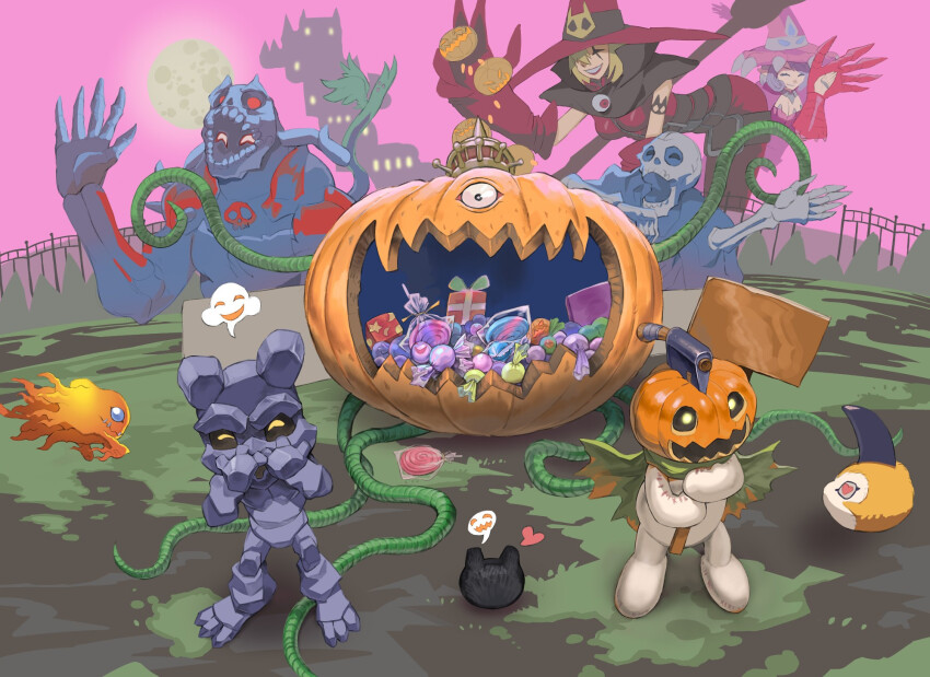 blonde_hair botamon candy digimon digimon_(creature) duel_monster food gottsumon happy hat heart highres horns petimeramon pumpking_the_king_of_ghosts pumpmon sharp_teeth skull smiel teeth tunomon witchmon yu-gi-oh!
