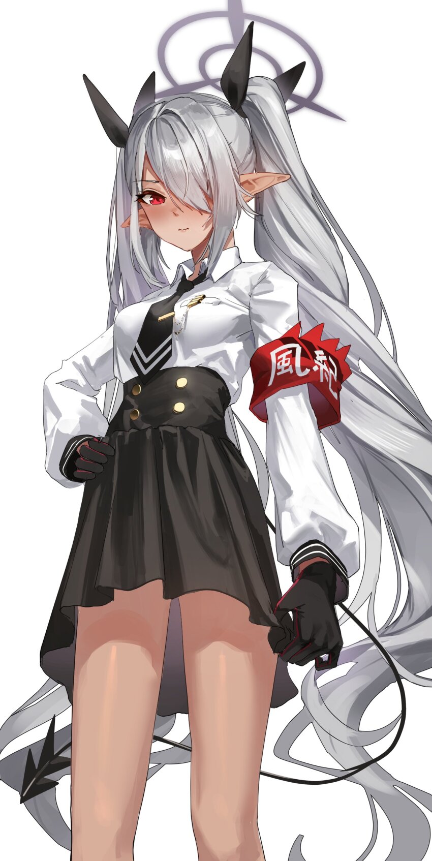 1girl absurdres armband black_skirt blue_archive breasts dark-skinned_female dark_skin grey_hair highres iori_(blue_archive) looking_at_viewer meltyrice pointy_ears red_armband red_eyes simple_background skirt small_breasts solo standing tail twintails white_background