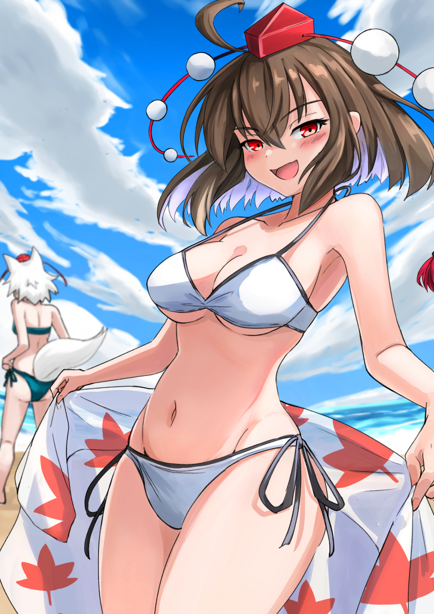 2girls :d absurdres ahoge animal_ears armpits ass back beach bikini blue_sky blurry blush breasts cleavage cloud collarbone commentary depth_of_field dot_nose ears from_behind gluteal_fold green_bikini groin hair_between_eyes hat headband highres hip_focus holding holding_towel inubashiri_momiji leaf leaf_print light_brown_hair looking_at_viewer maple_leaf maple_leaf_print medium_breasts multiple_girls navel nose ocean open_mouth pom_pom_(clothes) red_eyes red_headband red_headwear shameimaru_aya short_hair sky smile solo_focus string_bikini swimsuit tail tokin_hat touhou towel underboob water white_bikini white_hair wolf_ears wolf_girl wolf_tail yuuka_(a0240765)