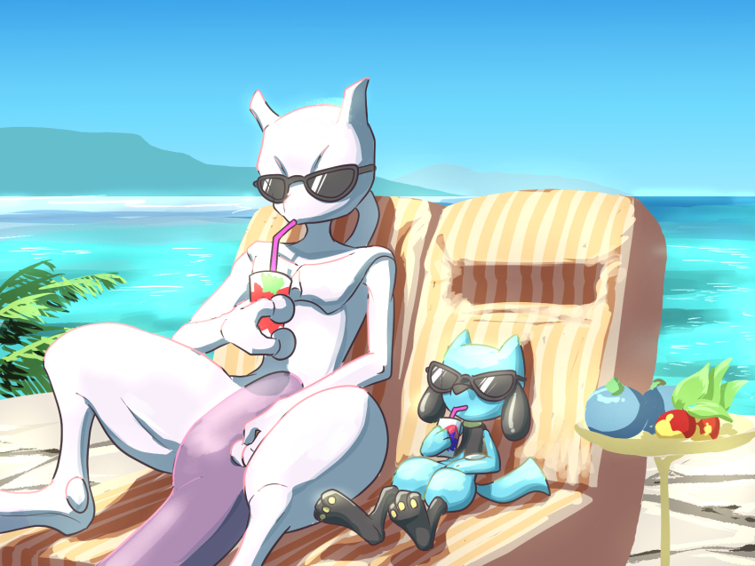 beach berry_(pokemon) black-framed_eyewear blue_fur colored_skin commentary_request cup drinking drinking_straw engawa1001 gen_1_pokemon gen_4_pokemon horizon legendary_pokemon leppa_berry mewtwo nintendo on_chair oran_berry outdoors pawpads pokemon pokemon_(creature) riolu sunglasses tail water white_skin